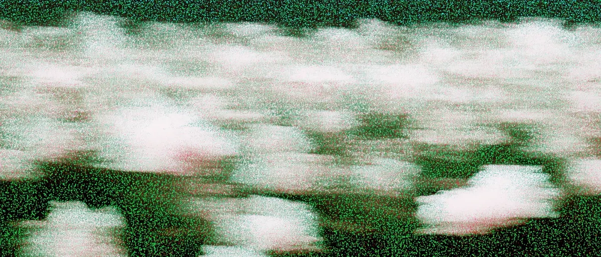 Motion-blurred white shapes drifting across a grainy dark green field