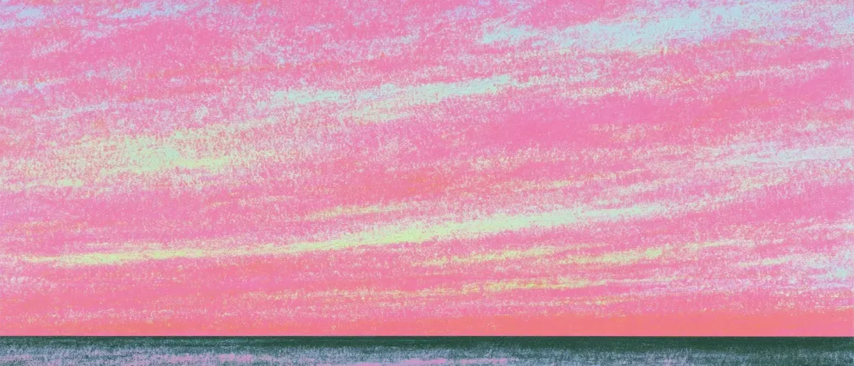 a grainy pastel sunset – a bright pink sky streaked with pale yellow and blue over a dark teal sea