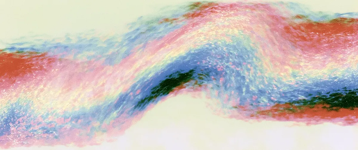 abstract wave of pink, blue and red brushstrokes, like a sound wave mid-swing