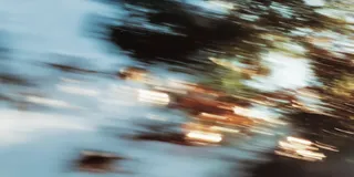 Motion blur photograph of trees and warm light through a blue haze