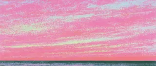 a grainy pastel sunset – a bright pink sky streaked with pale yellow and blue over a dark teal sea