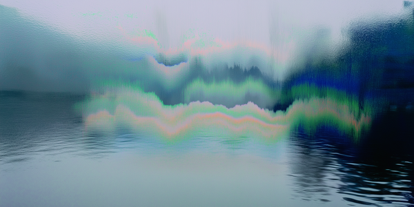 Glitched landscape of muted greens and pinks reflected in still water