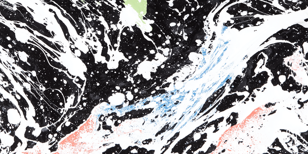 Black and white abstract expressionist splatter painting with flecks of blue and red