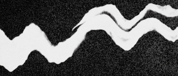 Grainy black and white photograph of a waving line of light