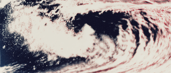 Abstract swirling pattern of dark ink and red texture against white