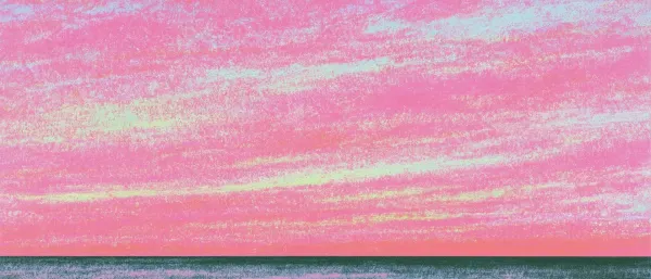 a grainy pastel sunset – a bright pink sky streaked with pale yellow and blue over a dark teal sea