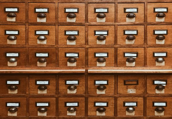 Image of an old-fashioned library card catalog