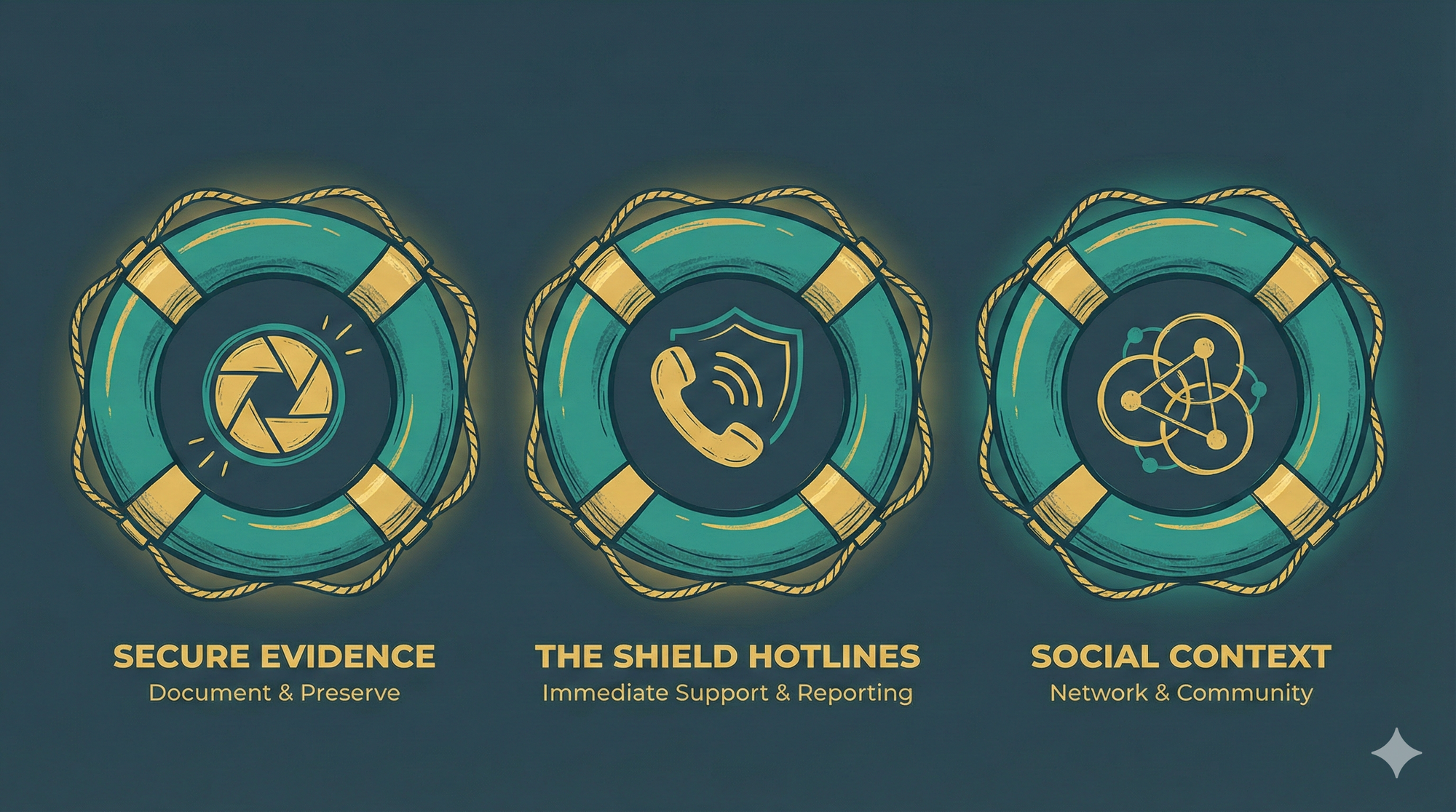A hand-drawn infographic showing the three steps of digital crisis triage: securing evidence, calling hotlines, and addressing the social context.
