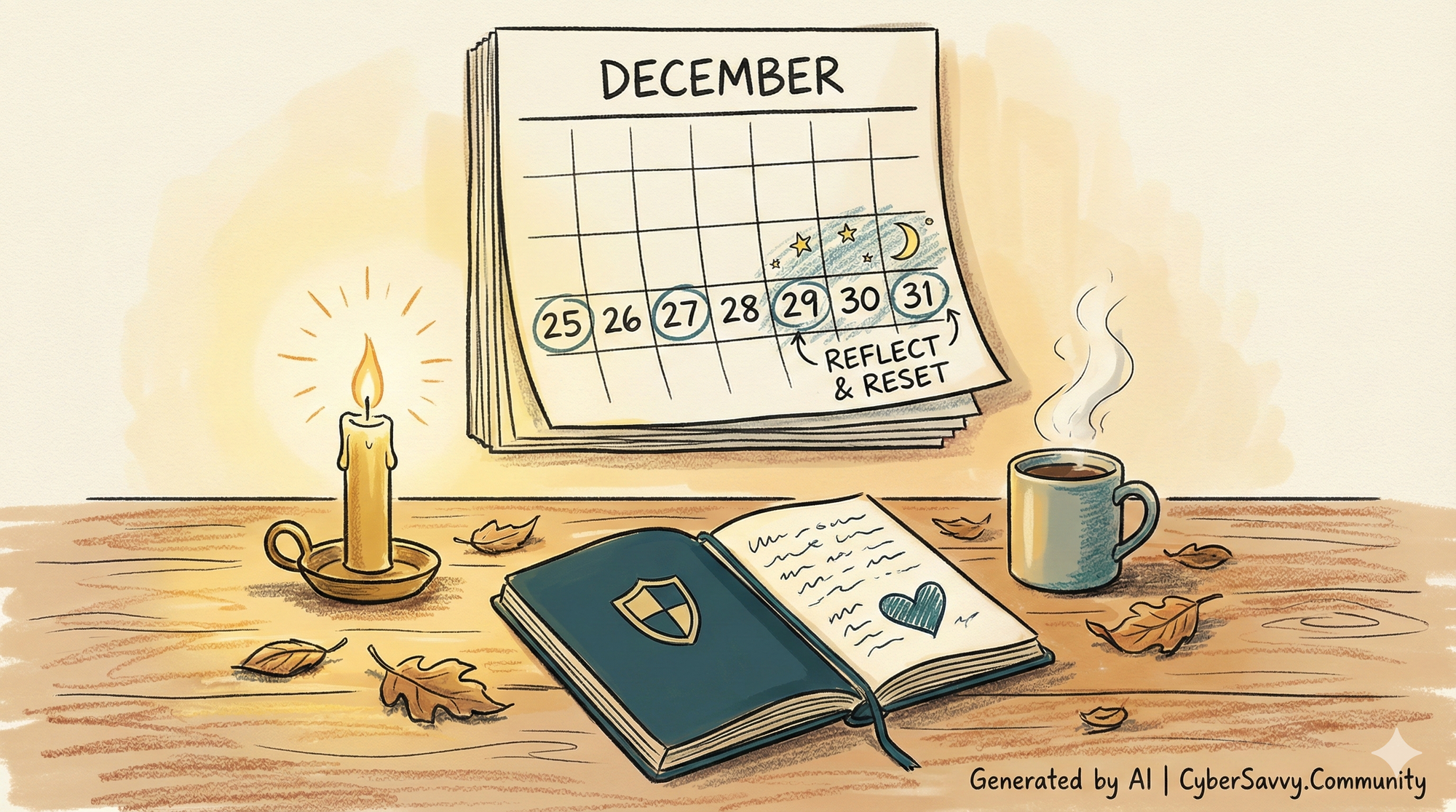 A hand-drawn illustration of a reflective workspace with a candle and notebook, representing "Cyber Savvy Citizenship Week"