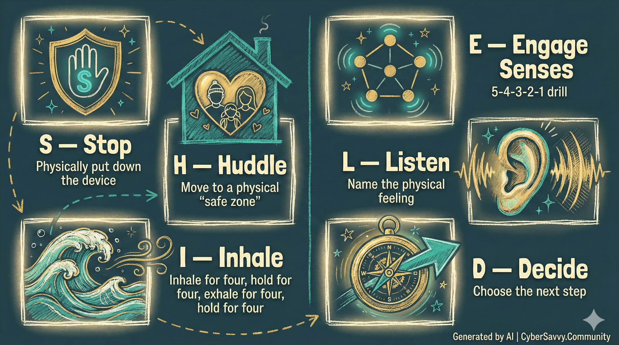 A horizontal infographic with a hand-drawn chalkboard aesthetic on a dark teal background outlines the "SHIELD" acronym for coping. Six individual, hand-drawn rectangular panels, glowing with cream-colored light, are arranged in two columns of three. In the left column, the top panel, "S - Stop," shows a gold hand in a stop gesture inside a shield with a green 'S'; the text says "Physically put down the device." A gold dotted arrow points right to the middle panel, "H - Huddle," featuring a gold house silhouette with a gold heart containing a sketched family of three; the text says "Move to a physical 'safe zone'." A gold dotted arrow points down to the bottom panel, "I - Inhale," with a hand-drawn teal wave and gold wind lines; the text provides a breathing exercise. A large gold dotted arrow extends from the "I - Inhale" panel towards the right column. At the top, the panel "E - Engage Senses" shows a glowing five-dot pentagon icon with the text "5-4-3-2-1 drill." Below it is the "L - Listen" panel, featuring a gold ear icon with sound waves and the text "Name the physical feeling." A gold dotted arrow points down to the final panel, "D - Decide," showing a gold compass with a teal arrow pointing forward, accompanied by the text "Choose the next step." Chalk and crayon textures with small star and doodle decorations are visible throughout. Text in the bottom right corner reads: "Generated by AI | CyberSavvy.Community".
