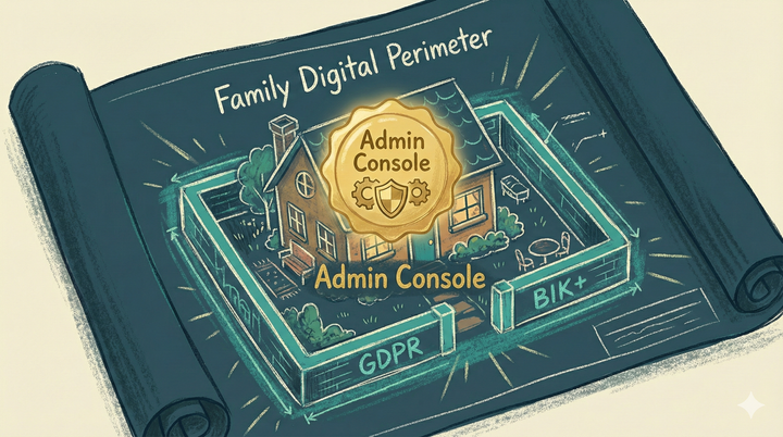 A cartoon blueprint illustration for a "Family Digital Perimeter" protected by laws like BIK+ and GDPR, with a central glowing gold badge labeled "Admin Console".
