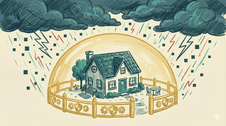 A hand-drawn illustration of a cottage protected by a glowing gold fence during a digital storm, representing the parent as a "Safe Harbor" during a crisis.