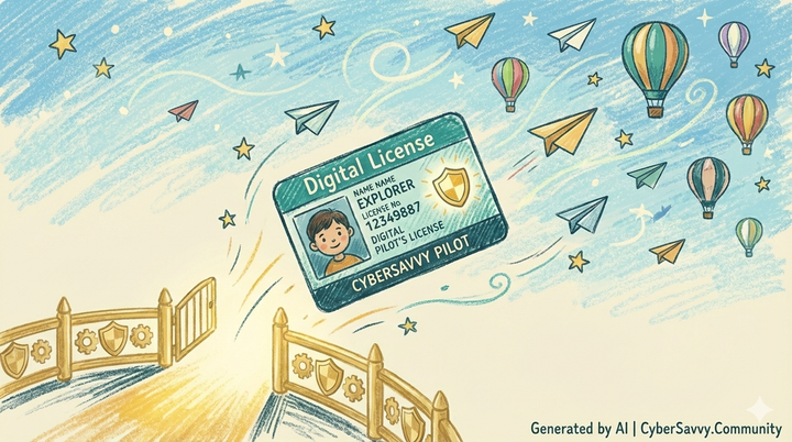 A hand-drawn illustration of a "Digital License" floating into an open sky as a gold perimeter fence opens, symbolizing a child's readiness for digital independence.