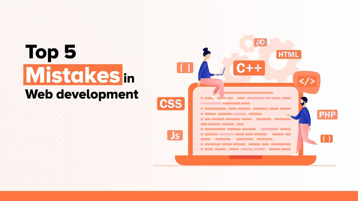 Illustration of developers working on a laptop surrounded by coding languages, highlighting top web development mistakes.