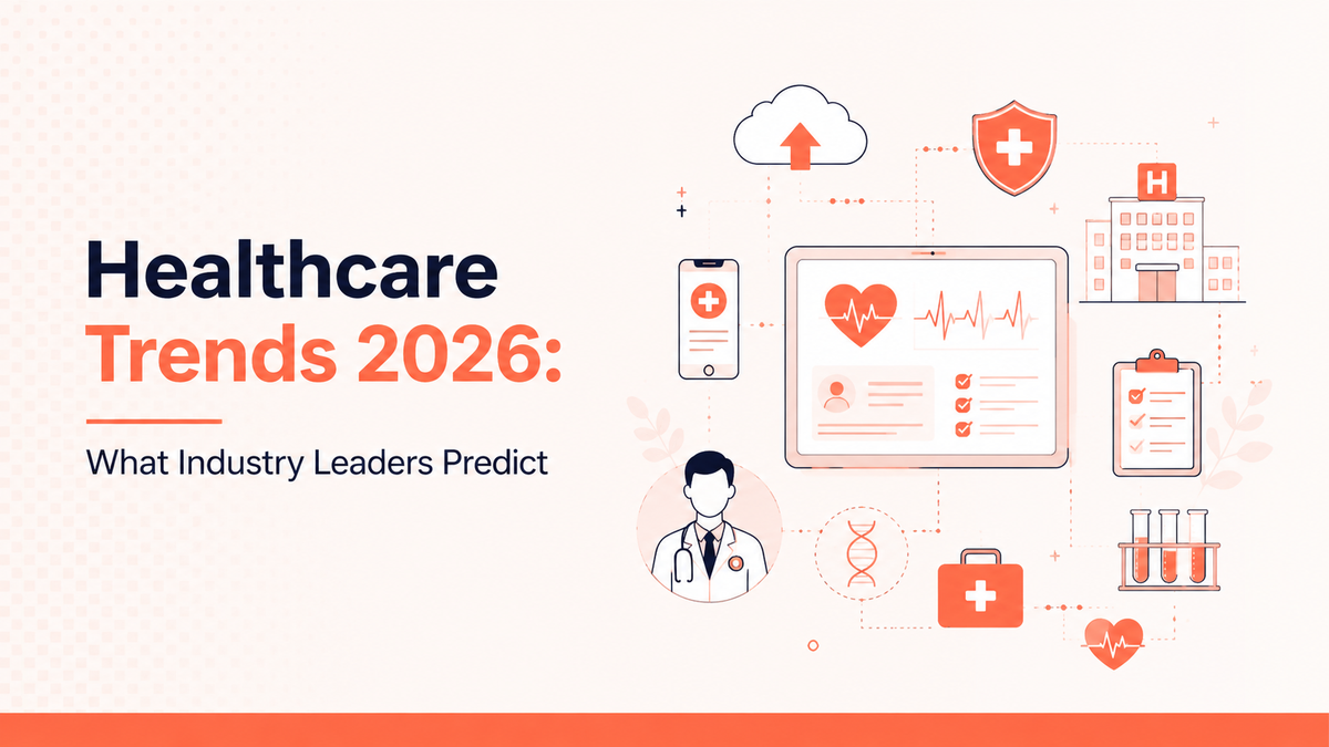 Healthcare Trends 2026 graphic highlighting AI, telehealth, patient care, and digital healthcare innovation.