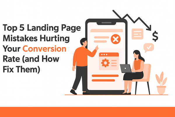 An illustration of two people reviewing a landing page on a big mobile screen, used for a blog about fixing common landing page mistakes.