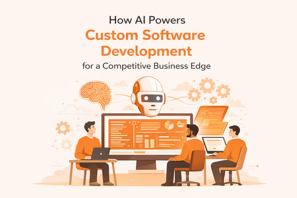 AI-powered custom software development for businesses showing developers and AI integration in action