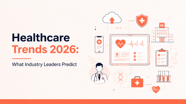 Healthcare Trends 2026 graphic highlighting AI, telehealth, patient care, and digital healthcare innovation.