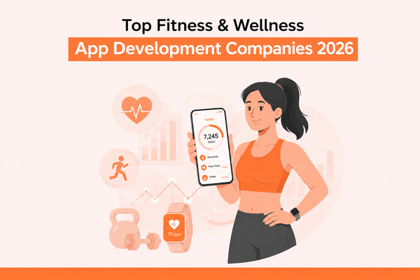 Fitness and wellness app development illustration with a mobile health app, smartwatch, and workout tracking dashboard.