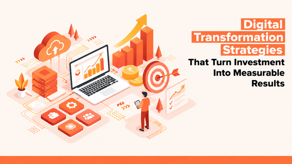 Digital transformation strategies infographic illustrating cloud computing, data analytics, automation, and measurable business growth.