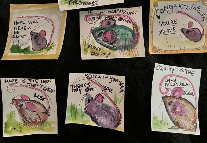 image of six small mouse watercolor paintings, each has a inspirational quote written on them