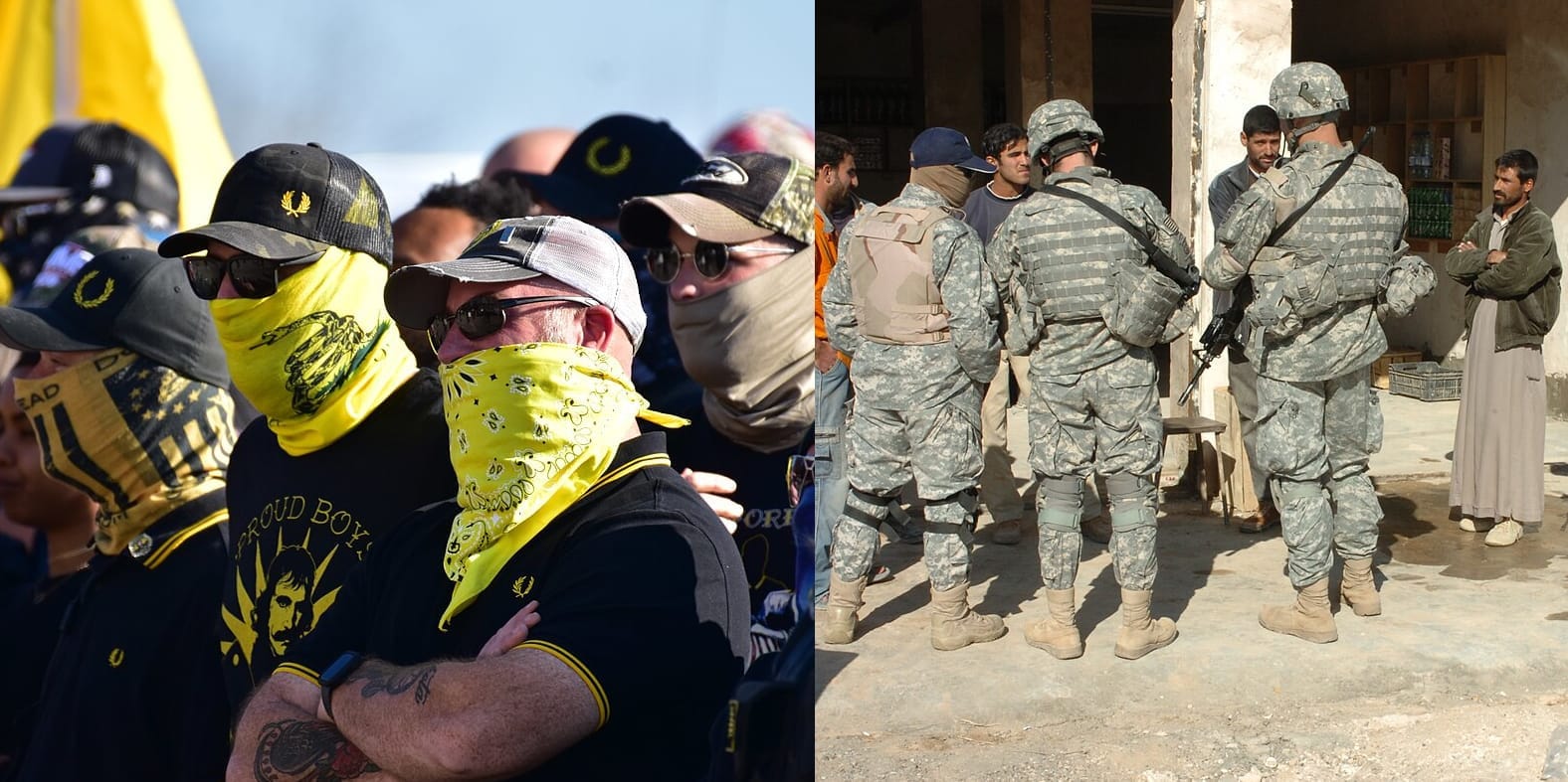 Proud Boy protesters wear ball caps and bandana masks with Don't Tread on Me logo. US soldiers in Iraq question several men while wearing tactical gear.