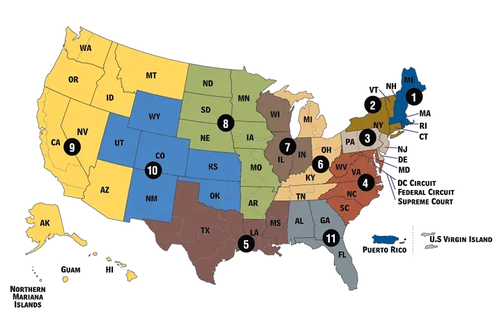 A map of the United States broken down into 12 appeals court districts.