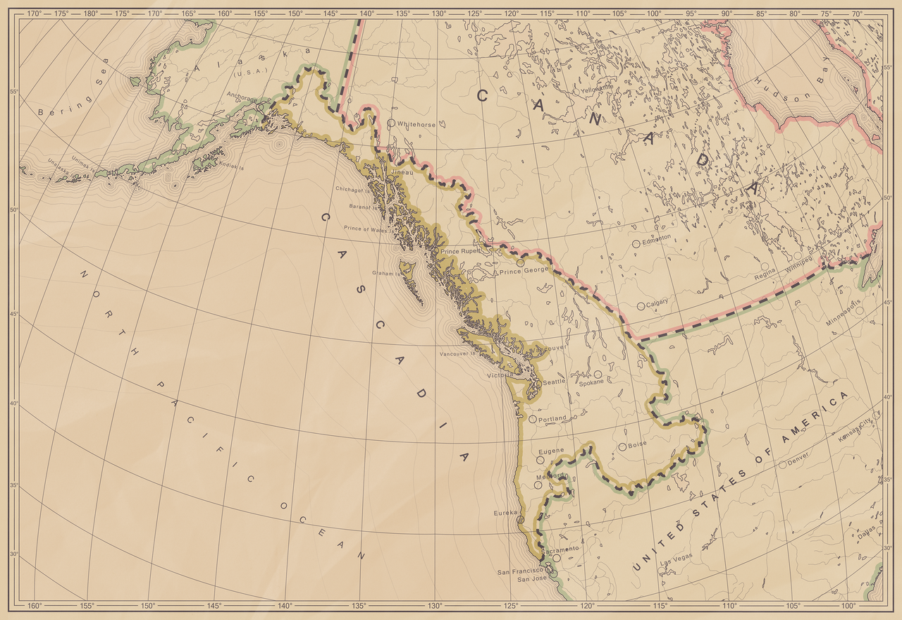 A monochrome map of the Cascadia bioregion in the northwest corner of North America