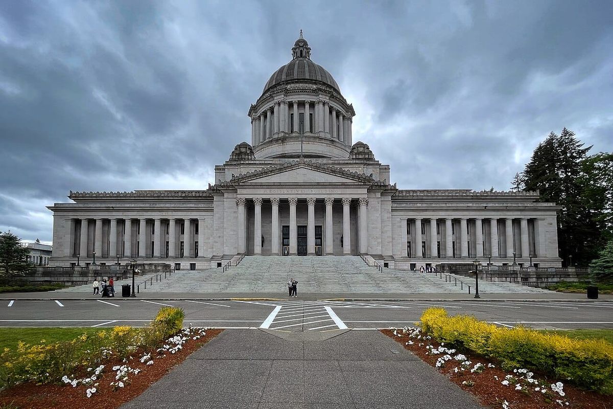 A view of the front of the Washington Legislative Building in Olympia.