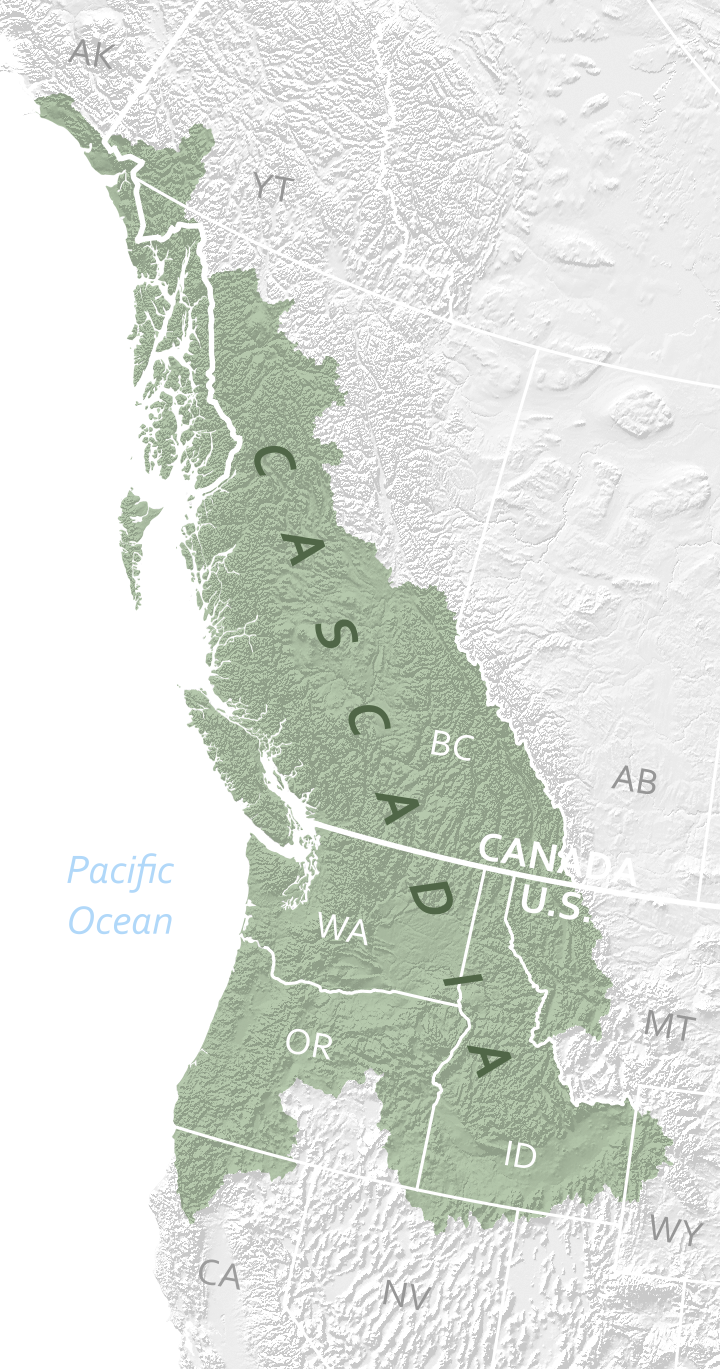 A map of the Cascadia bioregion, extending from Northern California north to Southeast Alaska and encompassing the drainages of the Columbia, Snake, and Fraser Rivers.