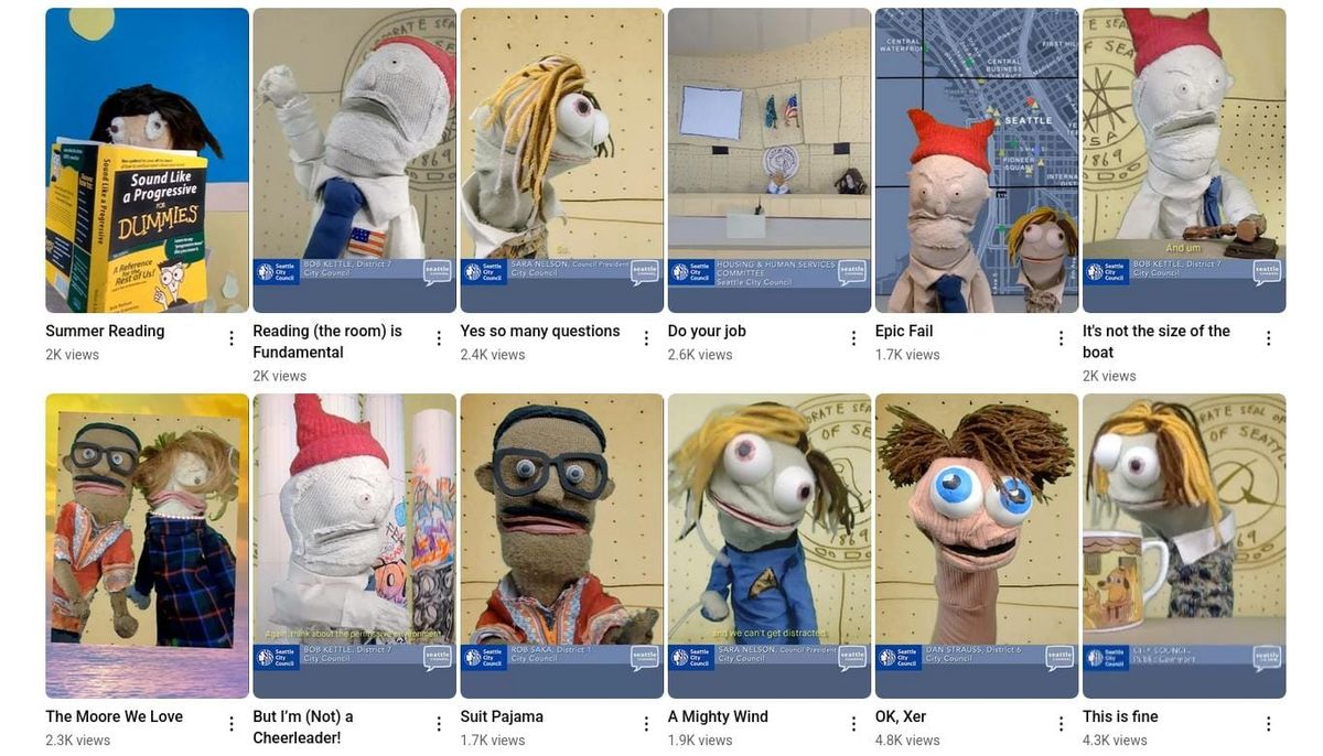 Various sock puppets satirize Seattle city council members Rob Saka, Sara Nelson, Bob Kettle and other.