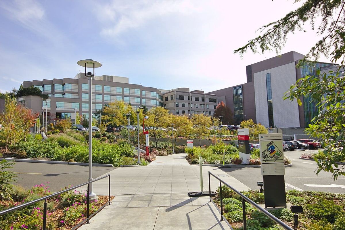 A large hospital with trees and shrubs in the foreground