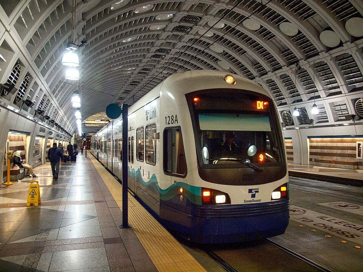 A light rail train in a transit tunnel. 
