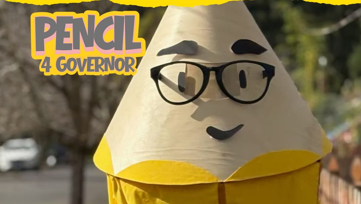 A smiling face with glasses that looks like a pencil with the words Pencil 4 Governor next to it