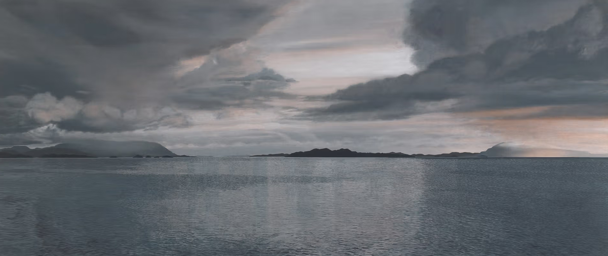 A painting of a wide expanse of seascape with distant mountains, islands and dramatic clouds.