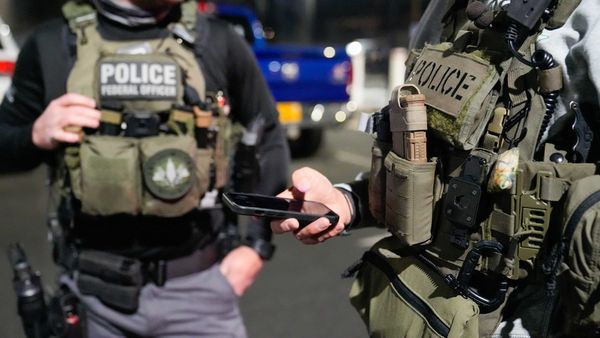 Two federal immigration police officers stand in tactical gear, with faces cropped from the photo, as one checks a phone.