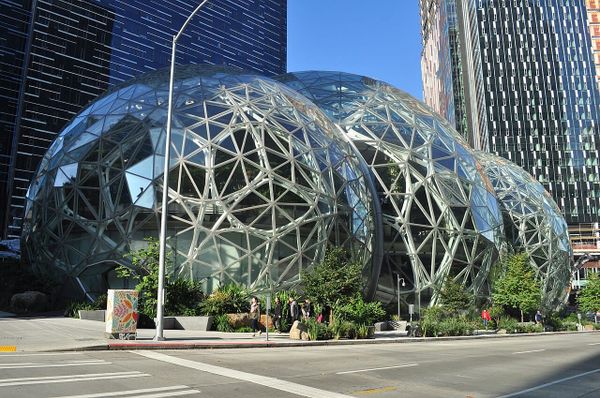 A view of the Amazon spheres, a series of three glass domes at the foot of a skycraper.