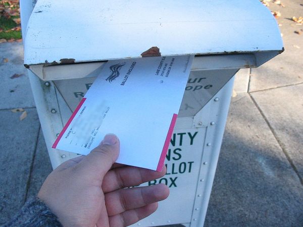 A voter puts a ballot in a box.