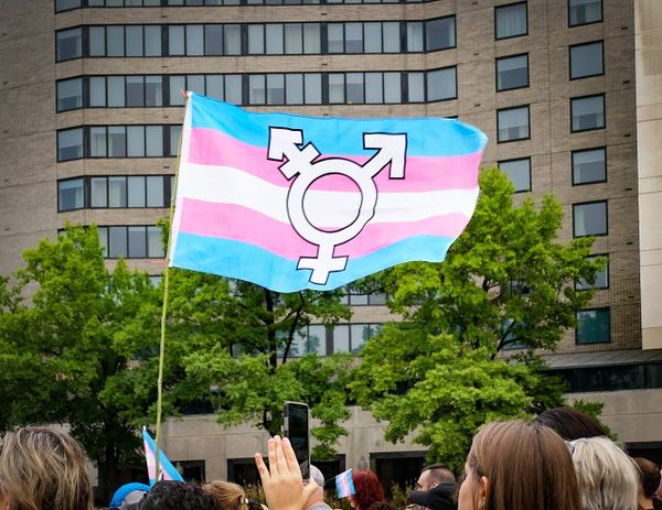 A trans pride flag with a symbol showing gender flexibility. 