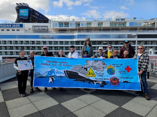 Protesters stand in front of a giant cruise ship with a sign that reads: cruising harms people and the planet. 
