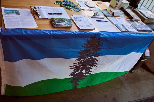 A blue white and green Cascadia Doug flag on a table with brochures, pamplets, and books.