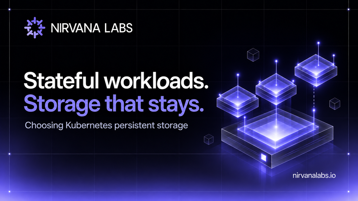 Three small lavender compute tiles above a persistent glass storage foundation, with the headline Stateful workloads. Storage that stays.