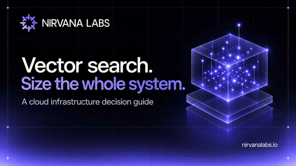 A compact lavender glass vector cluster above a layered storage base, with the headline Vector search. Size the whole system.