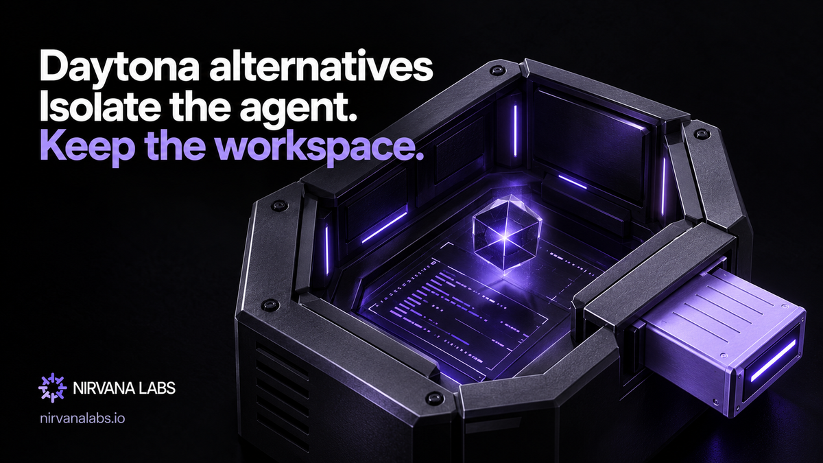 An AI agent core runs inside a dark isolated execution chamber with a separate violet workspace cartridge.