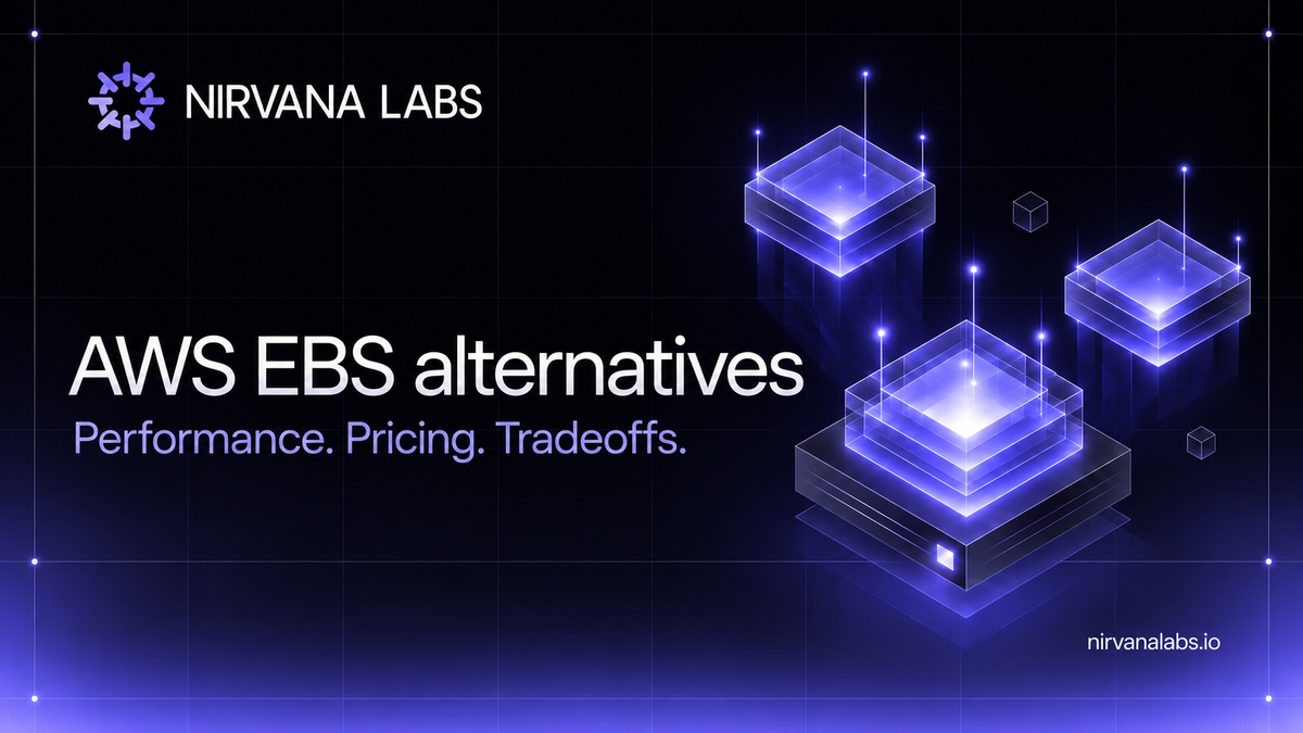 Nirvana Labs cover with purple glass storage blocks and the title AWS EBS alternatives: Performance. Pricing. Tradeoffs.
