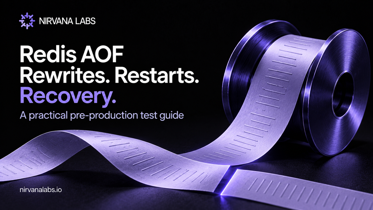 A violet journal spool and separated record ribbon illustrate Redis AOF rewrite and recovery testing.