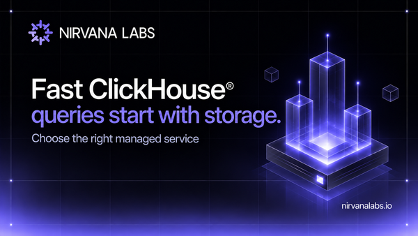 Lavender glass data columns on a storage base beside the headline Fast ClickHouse queries start with storage.