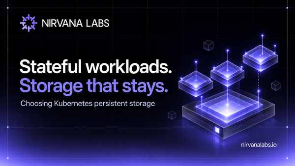 Three small lavender compute tiles above a persistent glass storage foundation, with the headline Stateful workloads. Storage that stays.