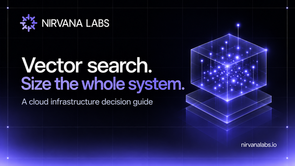 A compact lavender glass vector cluster above a layered storage base, with the headline Vector search. Size the whole system.