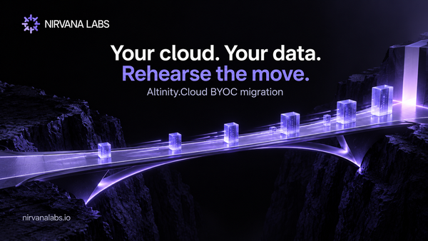 Violet data columns cross a bridge toward a new environment, illustrating an Altinity.Cloud BYOC migration rehearsal.